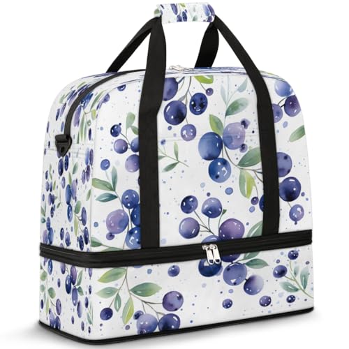 Travel Duffel Bag Watercolor Blueberries Weekender Bag with Shoe Compartment Foldable Overnight Bags for Travel Sports Lightweight Gym Bags for Men Women - color: Watercolor Blueberries
