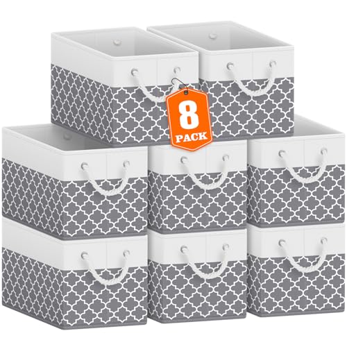 Fab totes Storage Bins 8-Pack, Foldable Storage Baskets for Organizing Toys, Books, Shelves, Closet, Large Storage Box with Rope Handles, Sturdy Organizer Bins,Clover Grey - color: Clover Grey, size: 8pack