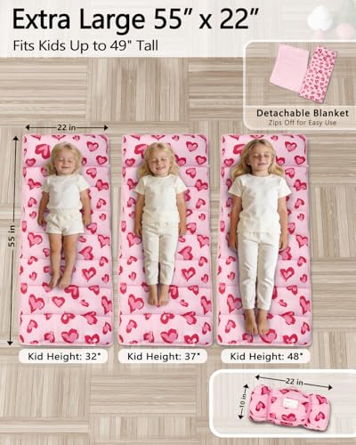 Primlect Toddler Nap Mat Extra Large Thickened 55''x35'', Soft Sleeping Bag with Detachable Minky Blanket and Pillow, Portable for Daycare, Preschool, Kindergarten, Travel, Boys and Girls - color: Pink Heart