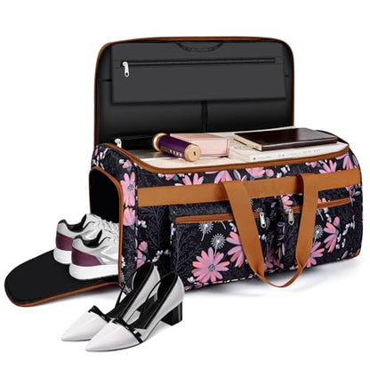 Convertible Garment Duffel Bags for Travel - Carry on Garment Duffle with Toiletry Bag Storage Bag Large Travel Duffel Bag 2 in 1 Hanging Suit Bag Weekender Bag for Men Women 3pcs Set - color: A03-black flower