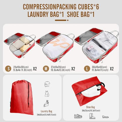 8 Set Compression Packing Cubes for Travel, Expandable Luggage Organizer with Shoe Bag & Laundry Bag - Lightweight Suitcase & Backpack Travel Essentials (Red) - color: Red