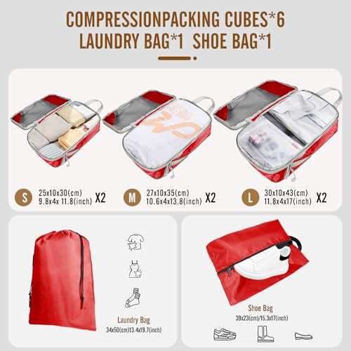 8 Set Compression Packing Cubes for Travel, Expandable Luggage Organizer with Shoe Bag & Laundry Bag - Lightweight Suitcase & Backpack Travel Essentials (Red) - color: Red