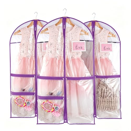 HOMEE 3 Pack Garment Bag with Zipper Pockests,Dance Garment Bags for Dancers,Waterproof Dance Costume Bags For Hanging Clothes,Foldable Travel Costumer Organizer Storage for Kids and Adults,Purple - color: Purple