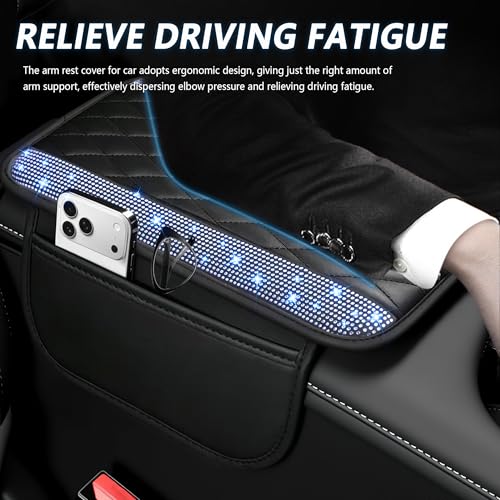 Stacool Upgraded Car Center Console Cover with Rhinestones,Microfiber Leather Car Armrest Cover Cushion with 2 Storage Bags,Universal Cars Armrest Storage Box as Cars Interior Accessories - color: Upgraded Diamond - Bling Blue