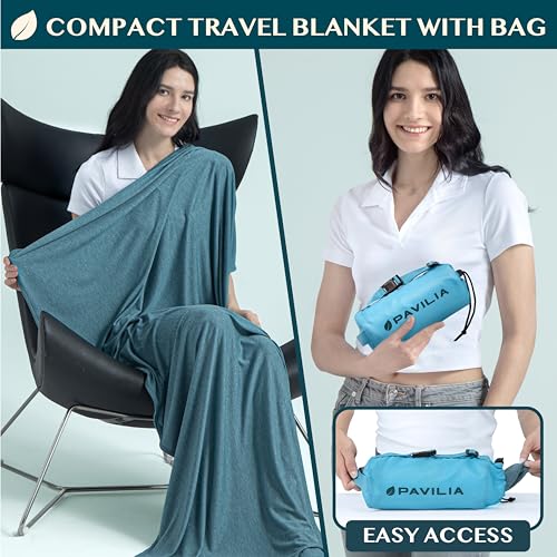 PAVILIA Travel Blanket Airplane Compact with Bag, Lightweight Soft Fleece Plane Blanket Long Flights, Camping Road Trips, Packable Travel Gift Essentials with Luggage Backpack Strap, 65x40, Teal Blue - color: Teal Blue