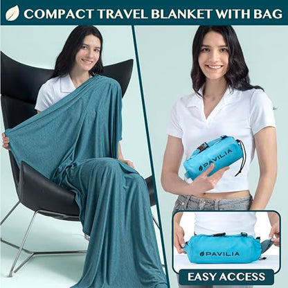 PAVILIA Travel Blanket Airplane Compact with Bag, Lightweight Soft Fleece Plane Blanket Long Flights, Camping Road Trips, Packable Travel Gift Essentials with Luggage Backpack Strap, 65x40, Teal Blue - color: Teal Blue