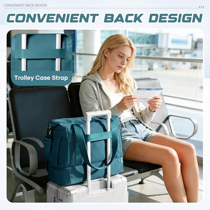 Travel Duffel Bag with Shoe Compartment, Large Weekender Bags for Women Men with Trolley Sleeve for Airplane, Waterproof Carry on Bag Sport Tote Bags Hospital Holdalls, Peacock Blue - color: A1-Blue with Shoe Compartment