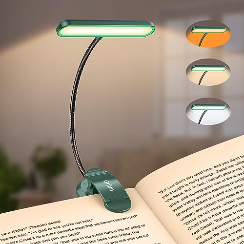 Gritin Rechargeable Book Light for Reading in Bed with 19 LED &Memory Function-Eye Caring 3 Color Temperatures,5 Brightness Levels,90 Hrs Runtime Flexible Goose Neck Clip on Light-Dark Green - color: Dark Green