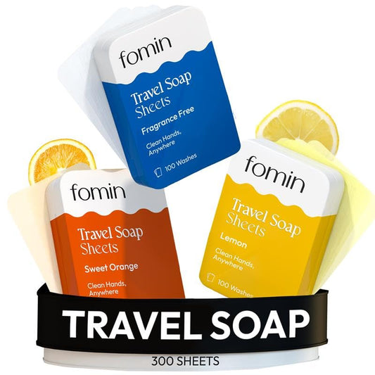 FOMIN - Paper Soap Sheets Tin for Traveling - 300 Variety (Unscented, Orange, Lemon) Portable Travel Hand Soap Sheets, Dissolvable Mini Camping Hand Soap for Hand Washing and Camping - color: Variety Pack-002 (Unscented, Orange, Lemon)
