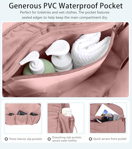 Lightweight Travel Duffle Bag for Women, Quilted Puffy Weekender with Wet Pocket for Gym, Overnight, Personal Item Carry On, Dark Pink - color: Dark Pink