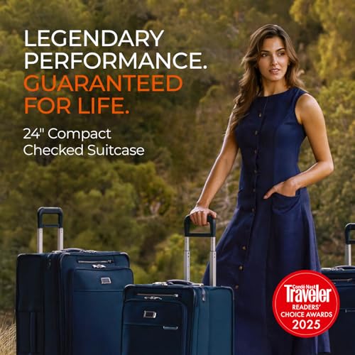 Briggs & Riley 24 Inch Compact Checked Suitcase Luggage with Wheels - Zipperless Compression Expansion System, 360 Spinner, Flat Packing Interior, Accessible Front Pocket - Baseline Collection - Navy - color: Navy, size: 24" Compact Checked