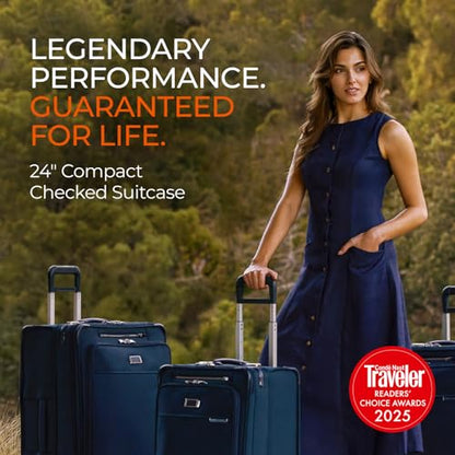 Briggs & Riley 24 Inch Compact Checked Suitcase Luggage with Wheels - Zipperless Compression Expansion System, 360 Spinner, Flat Packing Interior, Accessible Front Pocket - Baseline Collection - Navy - color: Navy, size: 24" Compact Checked