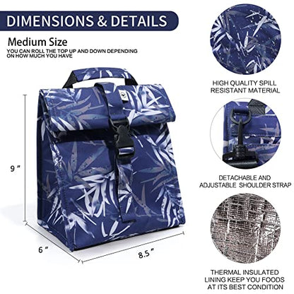 SUNNY BIRD Insulated Lunch Bag Rolltop Lunch Box Tote Bag for Women, Men, Adults and Teens (Blue Bamboo) - color: Blue Bamboo