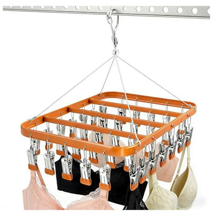 Clothes Drying Racks Clip Hangers Metal with 36 Clips Windproof Hook Underwear Hanger Foldable Laundry Clip for Socks Bras (Gold) - color: Gold