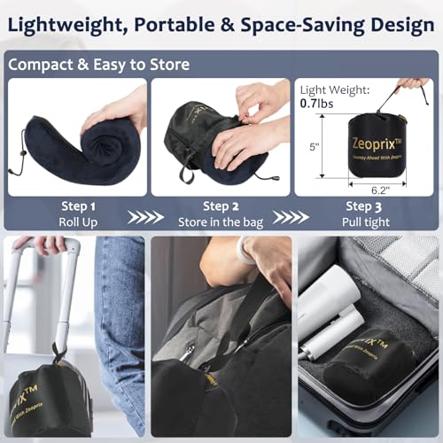 Travel Pillow, Memory Foam Neck Pillow for Airplane, Ergonomic Neck Support with Washable & Breathable Cover, Includes Eye Mask, Earplugs & Compact Bag for Long Flights, Cars, Home & Office