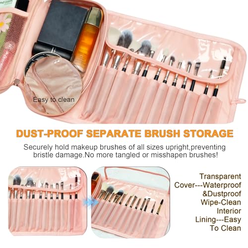 Folding Makeup Brush Bag,Travel Toiletry Bag with Separate Brush Compartment for Brushes & Skincare, Toothbrush Holder,Rollup & Open Flat cosmetic Organizer,Portable Waterproof &Hanging (Pink) - color: Pink