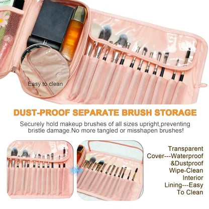 Folding Makeup Brush Bag,Travel Toiletry Bag with Separate Brush Compartment for Brushes & Skincare, Toothbrush Holder,Rollup & Open Flat cosmetic Organizer,Portable Waterproof &Hanging (Pink) - color: Pink