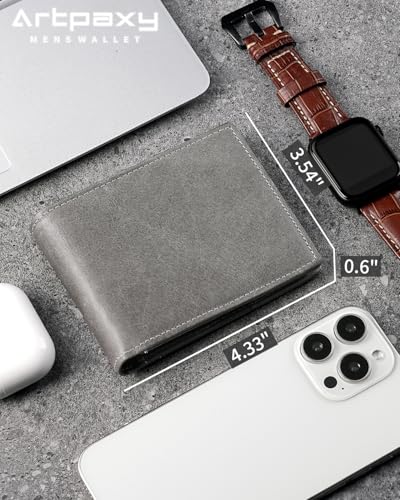 Artpaxy Mens Wallet Bifold Genuine Leather RFID Blocking Wallet for Men with 1 ID Windows 13 Card Holders 2 cash pockets 1 Gift Box - color: Gray
