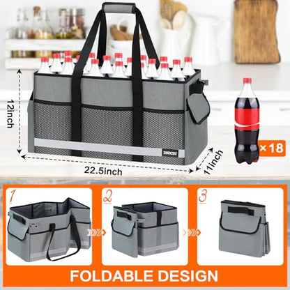 Upgrade Extra Large Utility Tote Bag with Reflective Strip, Standing Reusable Grocery Bags with Hard Bottom & 4 Sided Reinforced, Collapsible Utility Tote with Handles for Beach, Picnics, Car - color: Grey