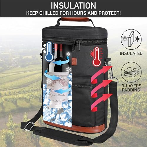 opux Wine Bag 2 Bottle Wine Tote Carrier, Insulated Wine Cooler Bag for Travel Picnic, Leakproof Portable Bottle Padded Case, Wine Gifts For Women Men Wine Lovers Christmas, Black - color: Solid Black