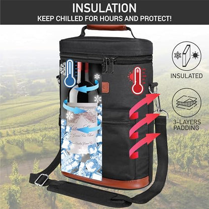 opux Wine Bag 2 Bottle Wine Tote Carrier, Insulated Wine Cooler Bag for Travel Picnic, Leakproof Portable Bottle Padded Case, Wine Gifts For Women Men Wine Lovers Christmas, Black - color: Solid Black