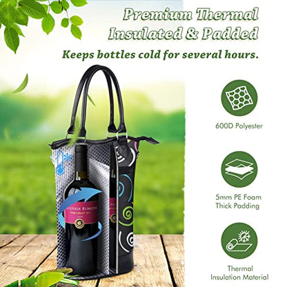 Tirrinia Insulated Wine Gift carrier Tote - Travel Padded 2 Bottle Wine/Champagne Cooler Bag with Handle and Adjustable Shoulder Strap, Great Wine Lover Gift, SPIRAL - color: Spiral