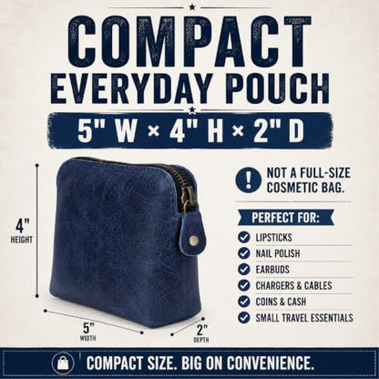 Full Grain Leather Cosmetic Bag – Zippered Makeup Pouch for Women, Small Travel Toiletry & Organizer Pouch for Purse, Premium Handmade Leather (5 × 4 × 2.5 in) - color: Blue