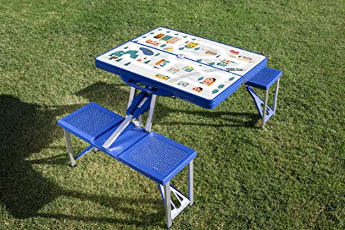 Picnic TIME Portable Folding Picnic Table with Seats for 4, Collapsible Aluminum Table with Benches & Umbrella Hole, Lightweight Foldable Table for Camping, Travel, Backyard, Tailgating | with Umbrella Hole - color: Play Town - Blue