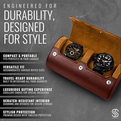 2 Watch Travel Case for Men – Leather Roll Organizer & Storage Box, Fits Watches up to 55mm | Removable Cushions | Gift Ready (Brown/Caramel) - color: Brown & Caramel