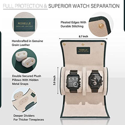 ROSELLE Genuine Leather Watch Roll Travel Case - Watch Roll Case For 2 Watches With Luxury Lining - Protect, Travel,Store, Display Fine Watches (2 slot Green) - color: Green/ White-2