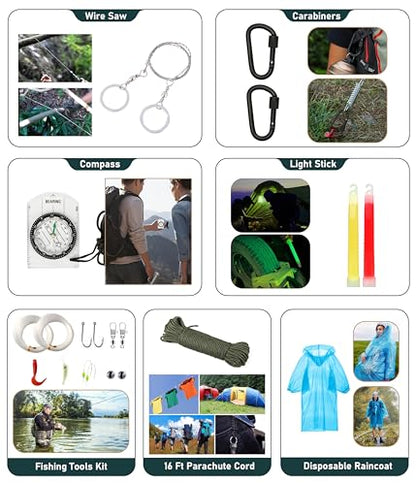 Survival Kit, 262Pcs Survival Gear and Supplies with First Aid Kit Pouch and Crossbody Bag, Emergency Kit with Tent, Camping Axe Hammer, Survival Shovel w/Pick, Bug Out Bag Gifts for Men Women - color: Black