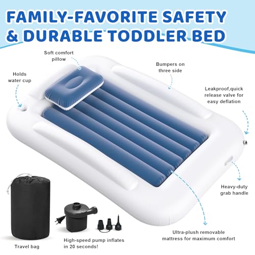 Inflatable Toddler Travel Bed - 60 Inches Portable Toddler Bed for Travel with Safety Sides - Cozy Kids Air Mattress Set with Built-in Electric Pump & Carry Case- Easy to Inflate - Sea Blue - color: Blue