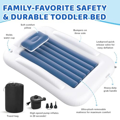 Inflatable Toddler Travel Bed - 60 Inches Portable Toddler Bed for Travel with Safety Sides - Cozy Kids Air Mattress Set with Built-in Electric Pump & Carry Case- Easy to Inflate - Sea Blue - color: Blue