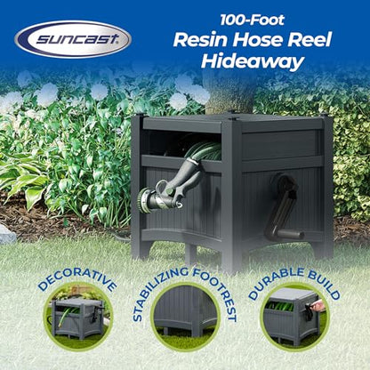 Suncast Garden Hose Hideaway Storage Reel Box, Cyberspace Grey – Resin Outdoor Container, Holds up to 100 Feet of 5/8 Inch Standard Vinyl Water Line – No Assembly Required - size: 100' (Cyberspace)