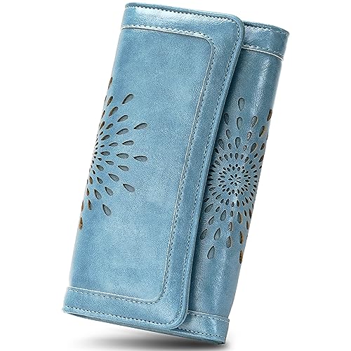 APHISON Womens Wallets RFID Blocking Leather Clutch Long Wallet for Women Card Holder Phone Organizer Ladies Travel Purse Hollow Out Sunflower Design Gift - color: d-Blue2