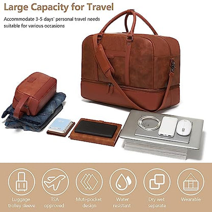 Wogarl Weekender Bag for Women Men Large Overnight Bag Travel Duffel Bag with Shoe Compartment Toiletry Satchel Bag Carry On Bag Fit 21" Laptop - color: Dark Brown