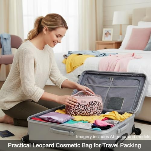 BOYATU Travel Makeup Bag Organizer: 3 Pcs Set Leopard Make up Bag for Women | Vegan Leather Cosmetic Bags with Compartments - Waterproof Toiletry Bag - 180° Open-Flat Make up Case for 3-15 Day Trips - color: 03-Pink