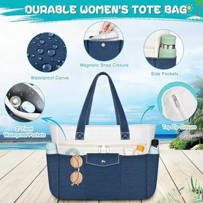 Beach Bags for Women Large Canvas Beach Tote with Zipper Wet Pocket, Waterproof Foldable Swim Pool Travel Tote Bags - color: Navy Blue