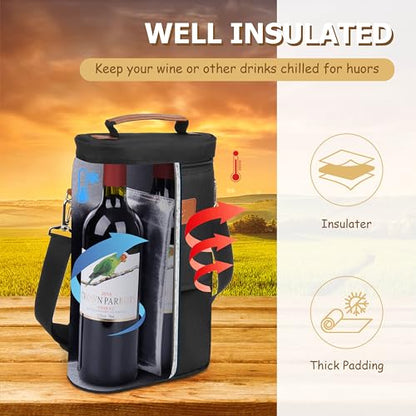 Tirrinia 2 Bottle Wine Gift Tote Carrier - Leakproof & Insulated with Large Pockets Wine Cooler Bag for Travel, Tasting, Party, Dinner - color: Black, size: 2 Bottle-with front pocket