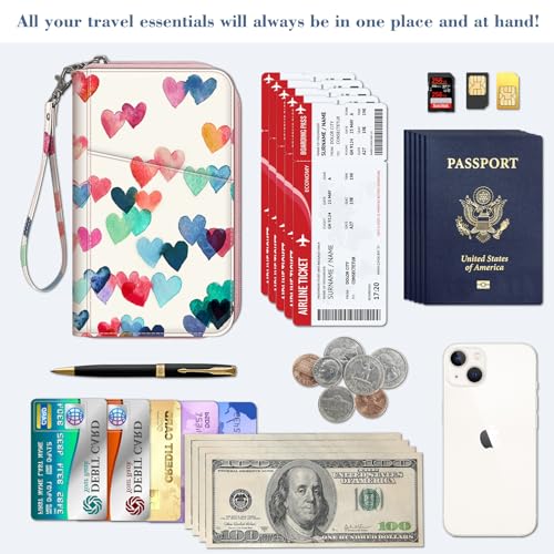 Fintie Family Passport Holder Wallet, RFID Blocking Travel Document Organizer Clutch Bag Credit Cards Case Cover for Women Men - color: Raining Hearts