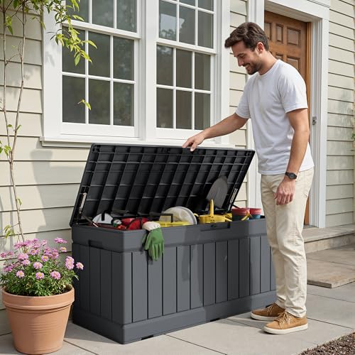 Devoko 78 Gallon Deck Box, Waterproof Resin Outdoor Storage Box for Outside and Patio, Outdoor Storage Bench Lockable for Patio Furniture, Garden Tools and Pool Supplies (Grey, 78 Gallon) - color: Grey, size: 78 Gallon 1 Pack