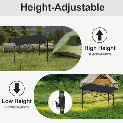 SHANQUAN Camping Table Roll up Table, Fold up Lightweight Compact 2-4 Person Portable Adjustable Height Roll up Aluminum Table with Carry Bag for Outdoor, Camping, Picnic, Backyards, BBQ - size: 27.6*27.6 inch/Adjustable