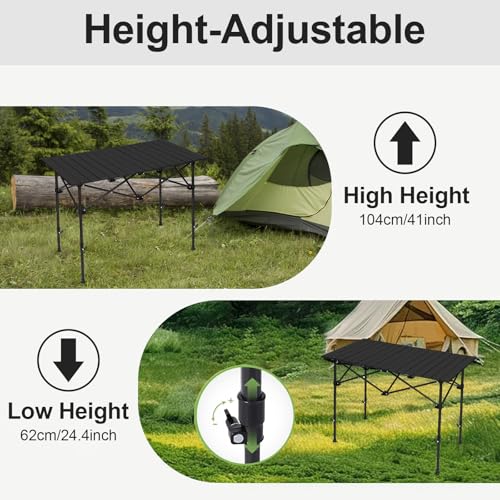 SHANQUAN Folding Camping Table, 46.5 × 21.7 Inches Portable Camp Table Aluminum Fold Up Lightweight Roll Up Table Adjustable Height with Carry Bag for Camping, Picnic, Backyard, BBQ, Patio, Black - size: 47.2*26.8 inch