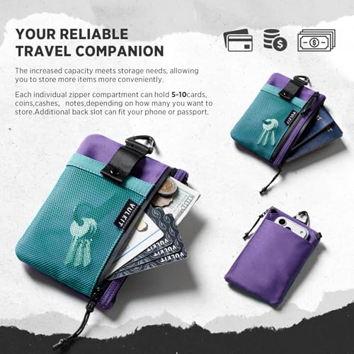 VULKIT RFID Blocking Travel Wallet for Women, Water Resistant Passport & Phone Holder with Detachable Lanyard and Key Ring, Lightweight Zipper Travel Wallet - color: AquaGreen Purple