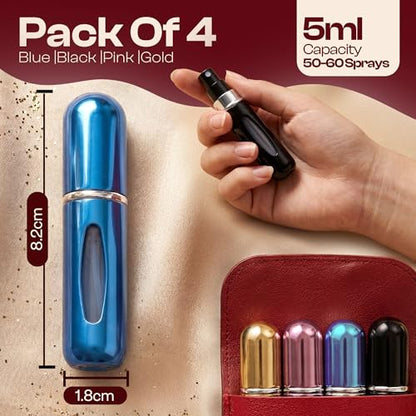 5ml Travel Perfume Bottle Refillable Atomizer Sprayer for Perfume,Leakproof Perfume Atomizer Travel, Portable Refillable Perfume Bottles, (Blue, Black, Pink, Gold + Leather Pouch) - color: Blue, Black, Pink, Gold + Leather Pouch