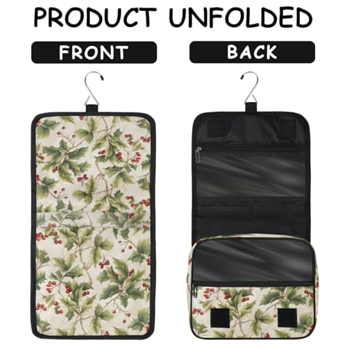 Hanging Travel Toiletry Bag for Women, Holly Berries Print Water Resistant Polyester Organizer with Hook & Handle, Large Capacity Cosmetic Bag for Travel, Gym, Camping - color: Holly Berries Print