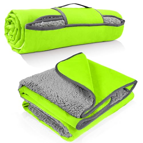Tirrinia Waterproof Outdoor Blanket with Sherpa Lining, Windproof Triple Layers Warm Comfy Foldable for Camping Stadium, Beach, Picnic, Grass, Concerts, Car, Dog, 51''X 59'' & 59''X 80'' - color: Neon Yellow-green/Grey, size: 59” x 80”