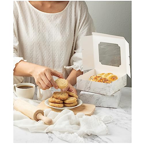 20 Pack Bakery Boxes with Window Small 6x6x2 inch for Cookie, Candy, Pastry, Brownie, Chiffon Cake, Tart, Pie, Waffle (White Marble) - color: White Marble