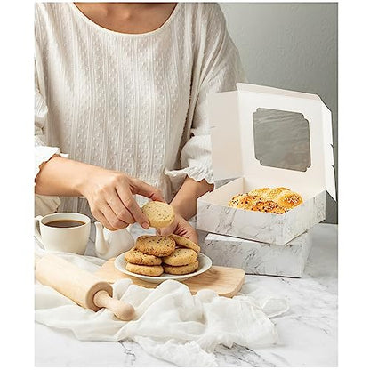 20 Pack Bakery Boxes with Window Small 6x6x2 inch for Cookie, Candy, Pastry, Brownie, Chiffon Cake, Tart, Pie, Waffle (White Marble) - color: White Marble