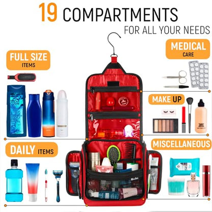 Travel Toiletry Bag for Men and Women - Large Hanging Toiletry Organizer - Waterproof Hygiene Bag with Metal XXL Swivel Hook, with Sturdy Zippers and 19 Compartments for Toiletries, Makeup, Cosmetics - color: L Crimson Red